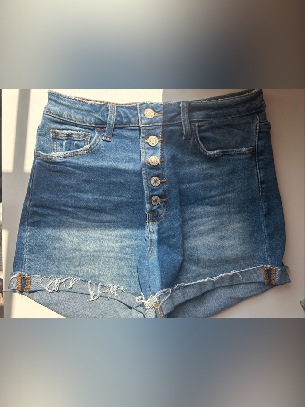VERVET BY FLYING MONKEY High-Rise Medium Blue Button-Fly Denim Shorts